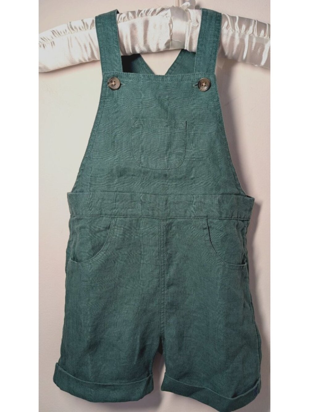 NEW Cyrillus Paris Baby's Short 100% Linen Dungarees, Green Size 24 Mths